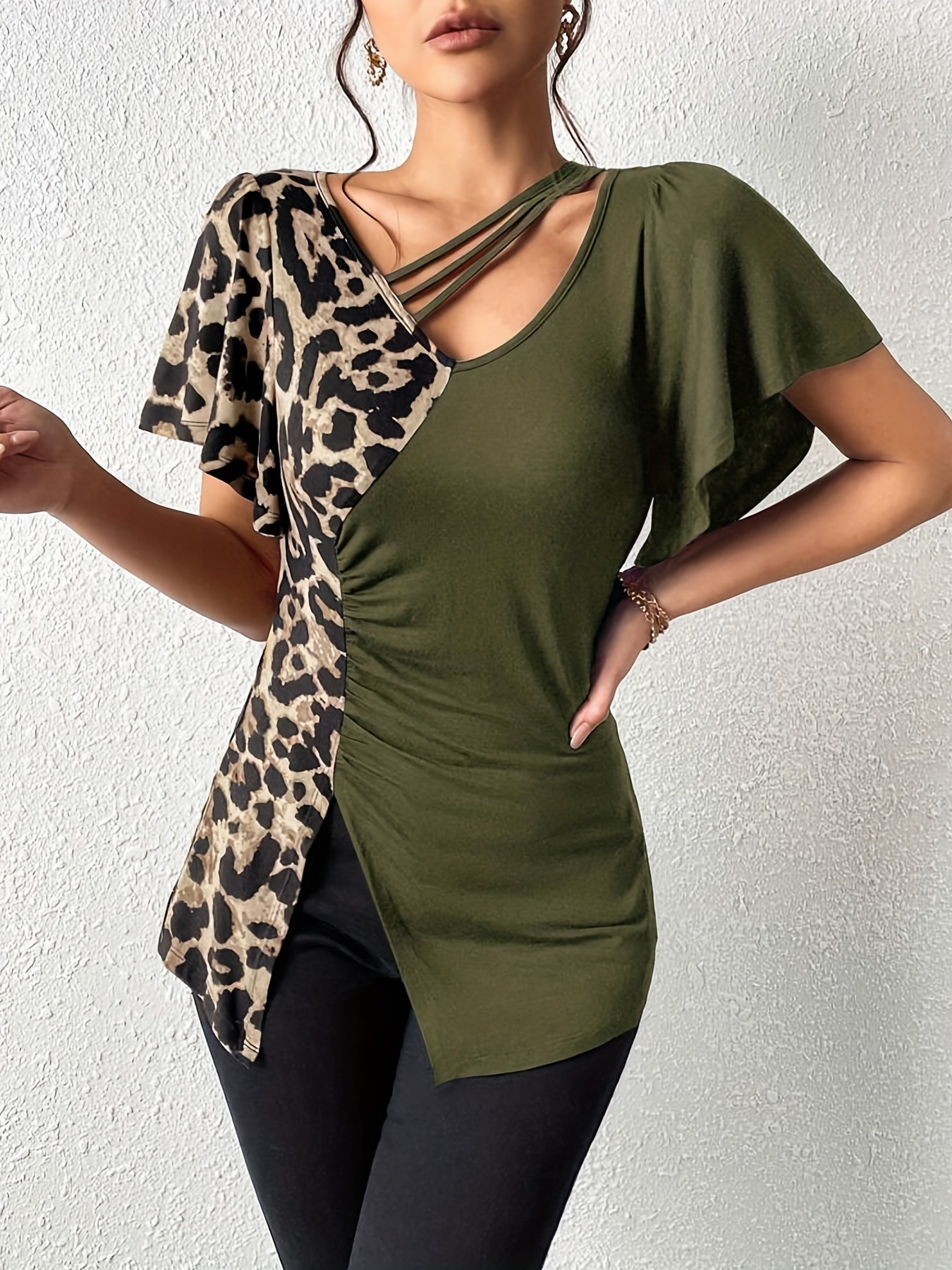 New Women's Leopard Print Asymmetrical Collar Butterfly Sleeve Patchwork Top European American Style_ecoleips.com
