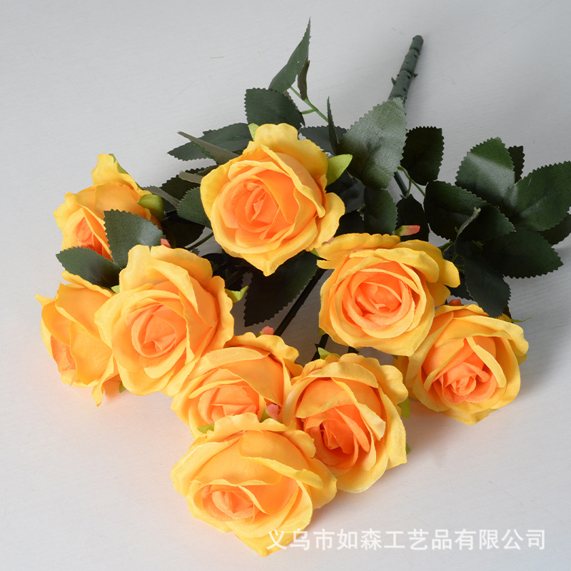 9-cabeza Rosa flor artificial ramo hogar Decoración de la boda Rosa artificial pequeña venta al por mayor de París