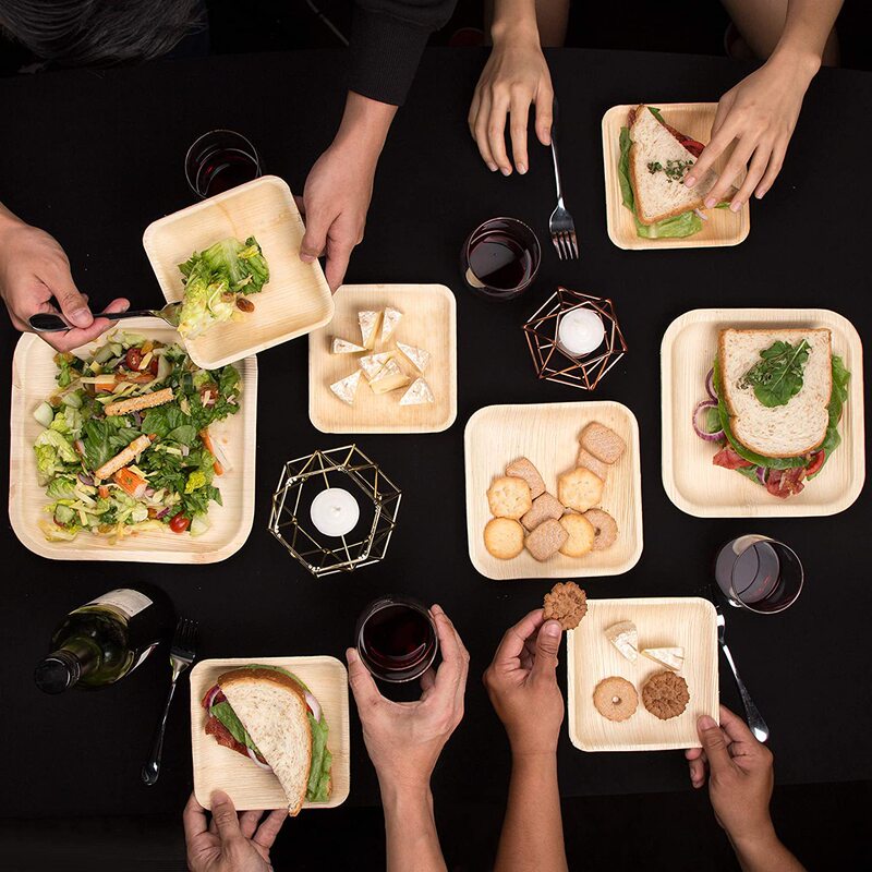 Disposable Bamboo Palm Leaf Compostable Plate and Dinnerware Biodegradable Eco-Friendly Plate and Knife, Fork and Spoon