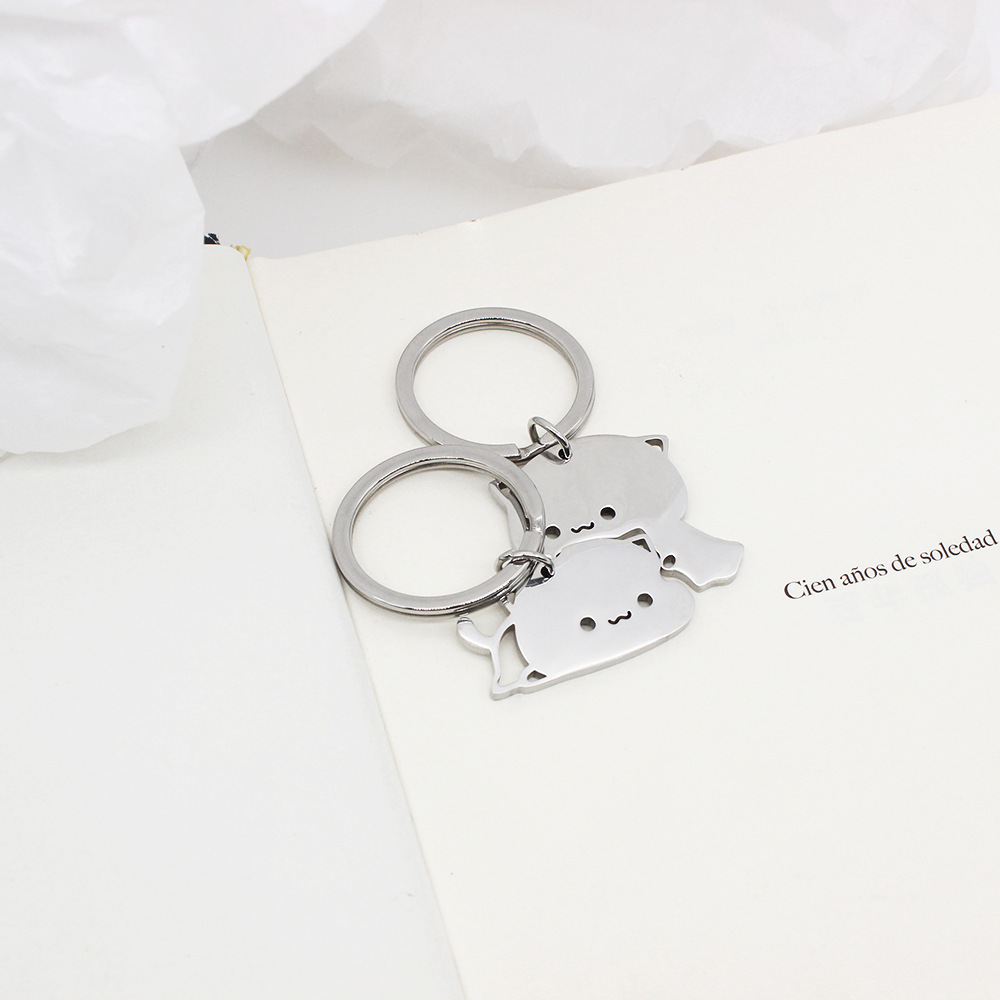 Cross-border Hot Stainless Steel Cartoon Stitching Cat Keychain Girlfriend Couple Backpack Cute Pendant Gift Accompanying Gift