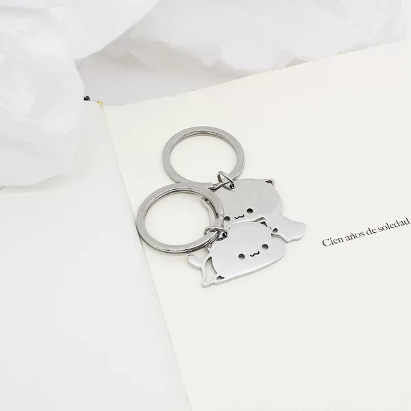 Cross-border Hot Stainless Steel Cartoon Stitching Cat Keychain Girlfriend Couple Backpack Cute Pendant Gift Accompanying Gift