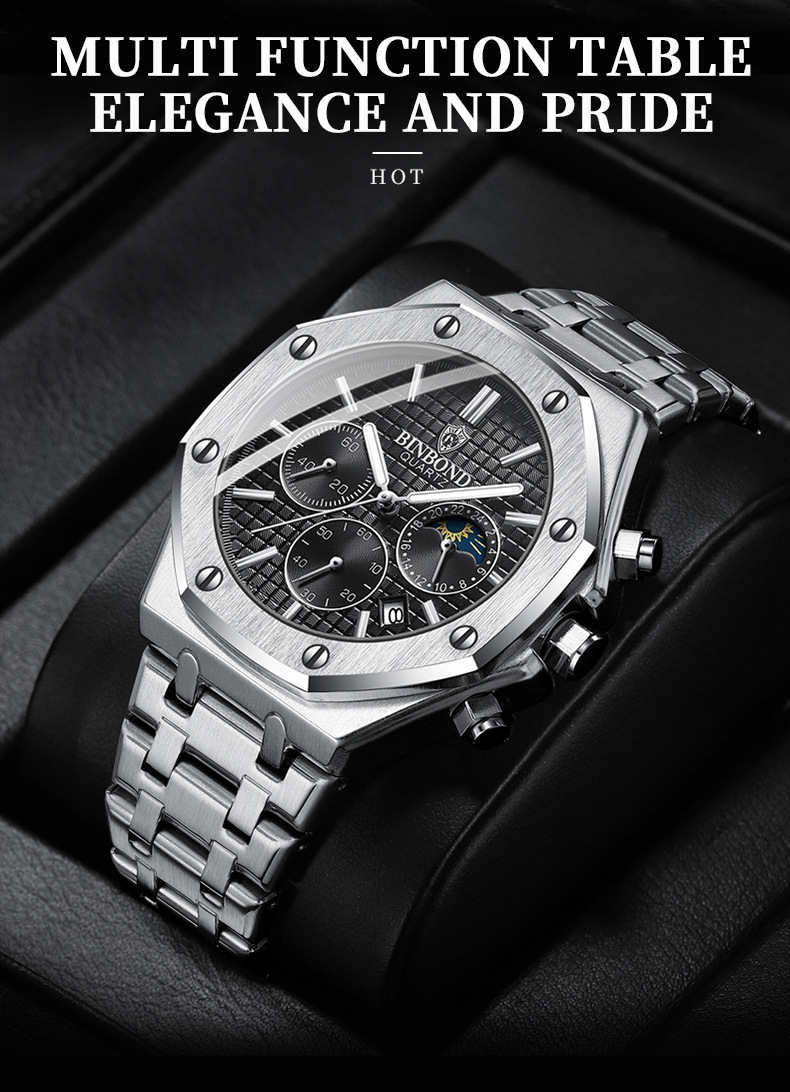 New Watch Hot Selling Model: Binbang High-end Three Eye Six Needle Multifunctional Lunar Phase Steel Band Multifunctional Men's Watch Watch_voghion.com