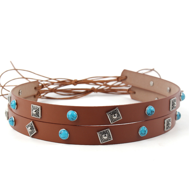 2025 brown PU inlaid alloy and synthetic gemstone small belt multi-functional decorative belt hat belt