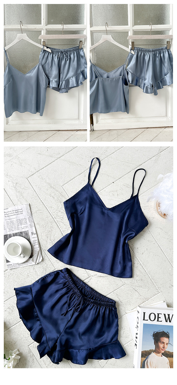 Women's Gender Casual Style Home Women's Casual Solid Color Imitated Silk Polyester Shorts Sets Pajama Sets
