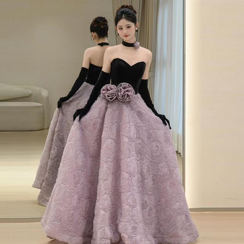 Strapless Engagement Evening Dress 2025 New Niche Style Hepburn Princess Puff Dress Banquet Host Purple