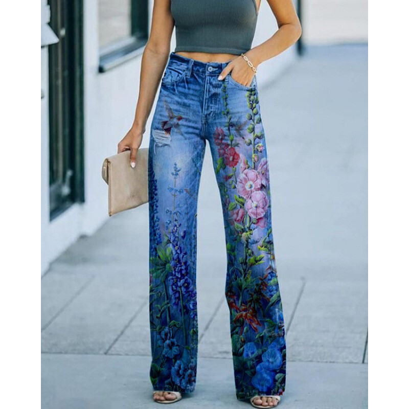 2025 Foreign Trade Cross-Border Independent Station Ebay European and American Foreign Trade Plus-Size Women's Casual Pants Thin Imitation Jeans Wide-Leg