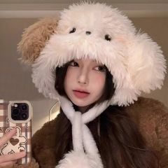 可爱卡通腮红小狗耳朵毛绒雷锋帽子女冬季日系百搭保暖护耳套头帽