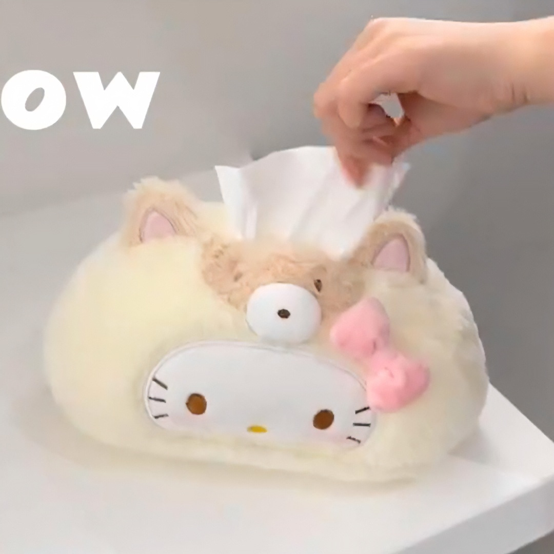 Cute kitty cream yellow plush tissue box for home use in the living room, bathroom, or car
