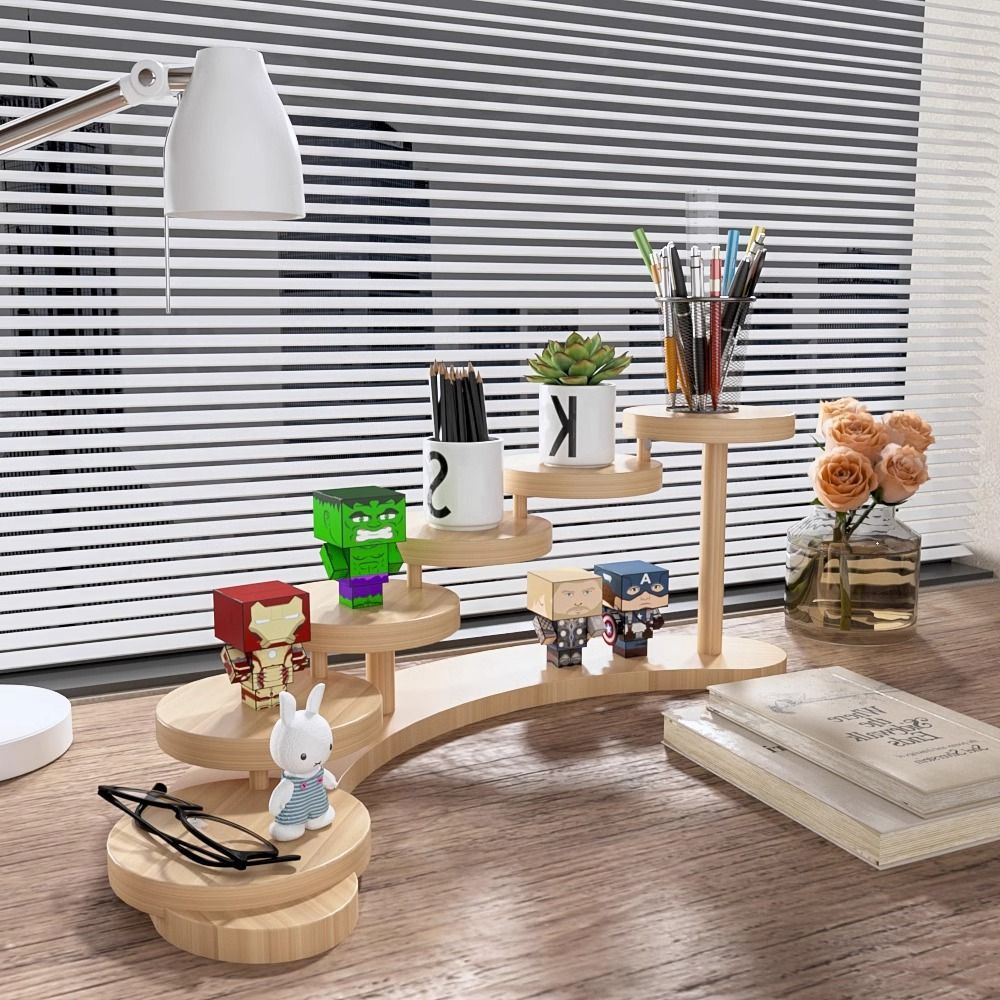 实木桌面圆形置物架办公书桌多层收纳化妆品小摆件展示整理花架