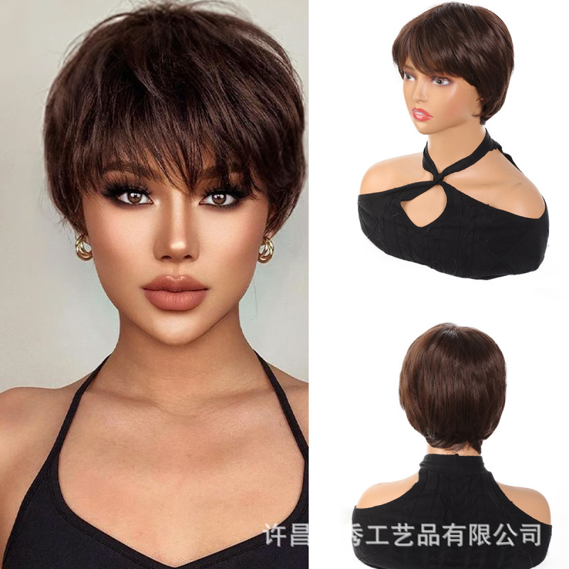 Cross-border foreign trade Europe and the United States wig female gradient blonde brown wig headgear with bangs short hair manufacturers in stock