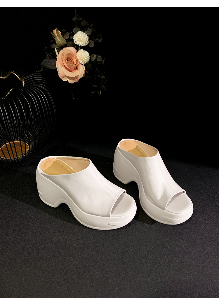 Dép sandal nữ quai chữ V da bò thật đế dày tăng chiều cao — màu đen, Trắng kem- chi tiết 16