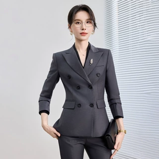 灰色双排扣西装套装女长袖职业装气质高端通勤正装经理管理工作服