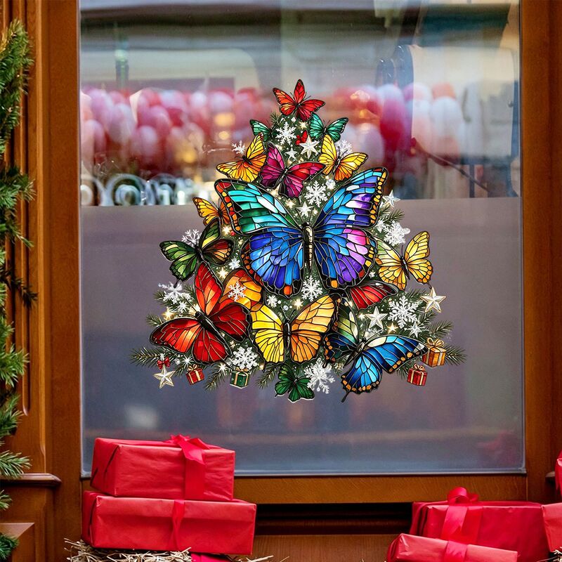 Vintage stained glass style butterfly Christmas tree electrostatic window sticker, glue-free, does not damage glass, decorates living room windows for a festive atmosphere Vintage stained glass style butterfly Christmas tree electrostatic window sticker, glue-free, does not damage glass, decorates living room windows for a festive atmosphere