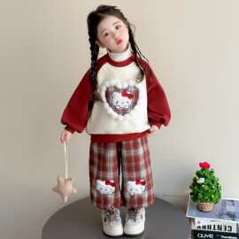 女童洋气宽松套装秋冬季2025新款宝宝卡通格子加绒冬装儿童两件套