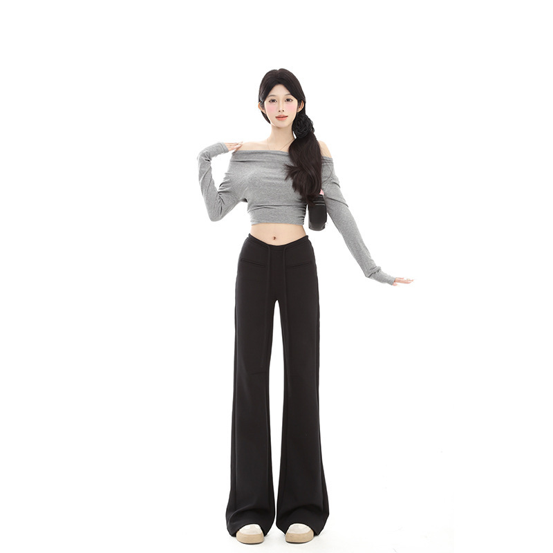 春秋用 ロング丈 グレー エアレイヤー ローウエスト マイクロフレア スポーツパンツ レディース ストレート 細見え カジュアル スウェットパンツ|undefined