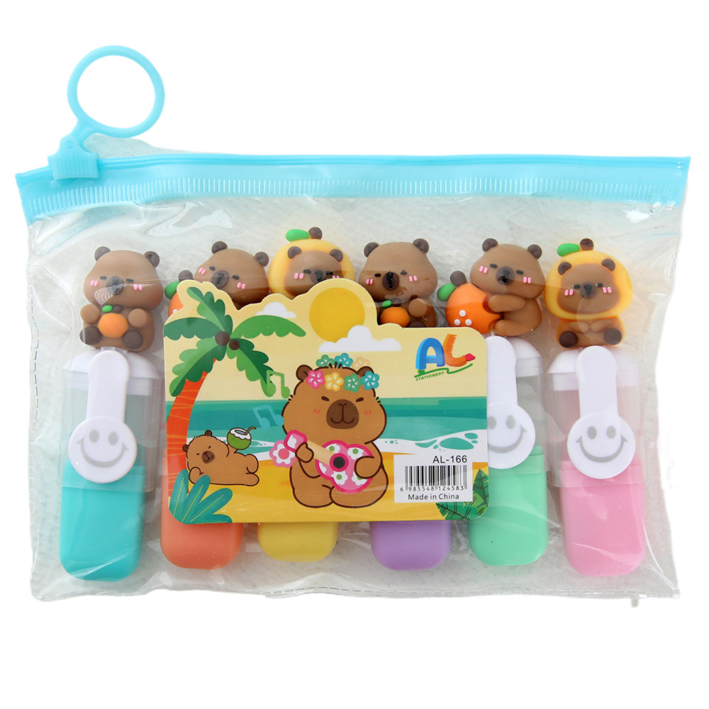 Kapibala Mini resaltador de 6 colores Dibujos animados Juego de alto valor Marcador de color Marcador clave para estudiantes
