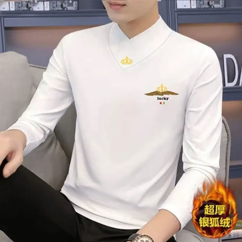 Origen Fabricante Silver Fox Velvet Nueva camiseta de manga larga Otoño e invierno para hombres más terciopelo de gama alta chaqueta cálida con cuello en v camisa de fondo