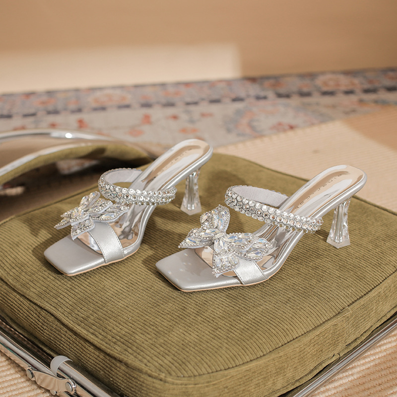 7318 Women's High-Heeled Slippers Thin Heels, 2026 New Model Crystal Heel Sandals With Rhinestone Strap And Bow_vogvips.com