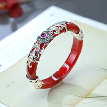 S925纯银镶玛瑙手镯开口戒指母亲节节日复古个性典雅精致一件代发