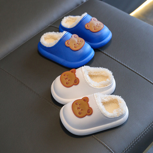 Children's Cotton Slippers for Boys and Girls, Autumn and Winter Cartoon Plush Shoes, Medium and Large Size, with Hooded and Anti-Collision Warm and Cozy Kids' Slippers