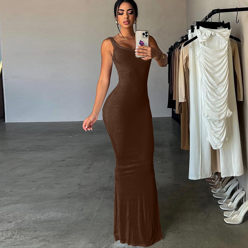 U-neck slim backless sling high waist long solid color dress NSHTL134797