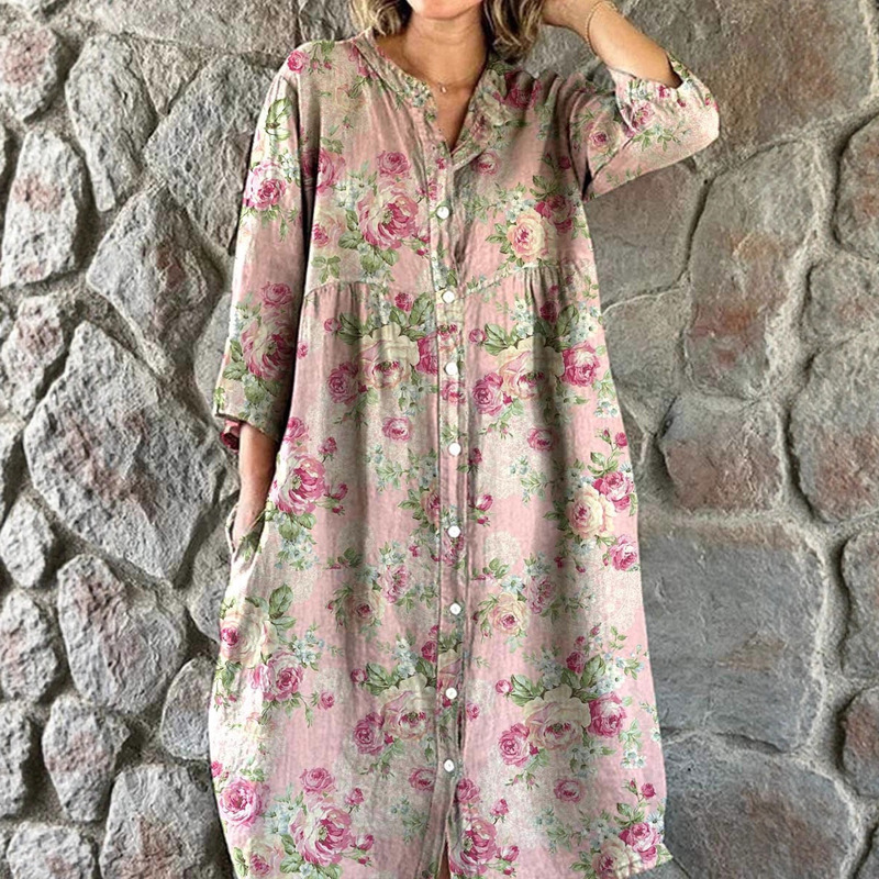 Cross-Border 2025 New Summer European and American Clothing Loose Round Neck Fashionable High-End Long-Sleeved Printed Shirt Dress Cross-Border 2025 New Summer European and American Clothing Loose Round Neck Fashionable High-End Long-Sleeved Printed Shirt Dress