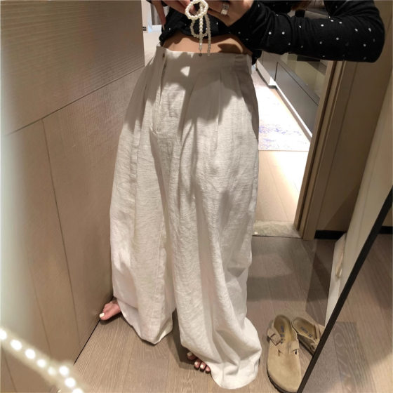 KKSTUDIO Old Qian Style White High Waist Cotton Linen Wide Leg Pants Women's 2025 Summer Loose Slimming Casual Trousers
