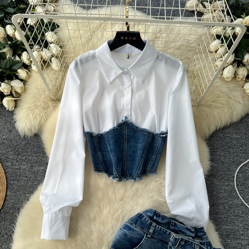 Set: Korean Style Fashion Patchwork Pseudo Two-Piece Long-Sleeve Shirt for Women, Belted Denim Skirt, Two-Piece Set