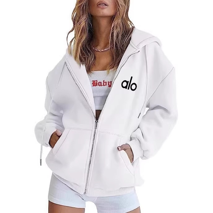 Ms. Alo's new spring and autumn loose-fitting hooded zip-up sweatshirt jacket, European and American street fashion brand, sporty casual long-sleeve Ms. Alo's new spring and autumn loose-fitting hooded zip-up sweatshirt jacket, European and American street fashion brand, sporty casual long-sleeve