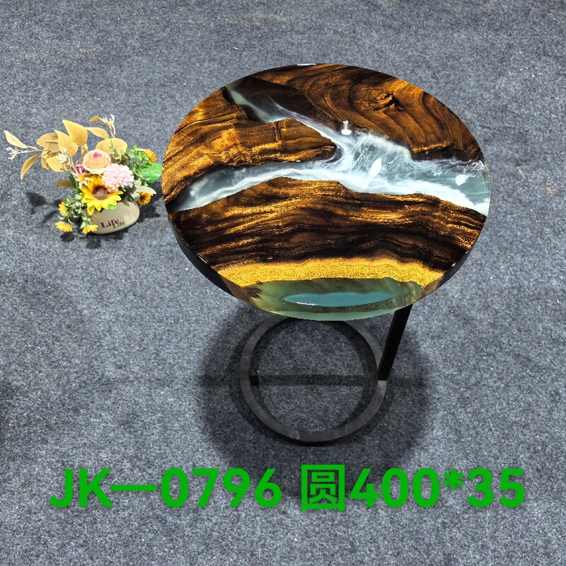 Chinese-Style Coffee Table, Solid Wood Mini Resin Splicing Creative Round Side Table, Bedroom Bedside Small Table, Round Light Luxury
