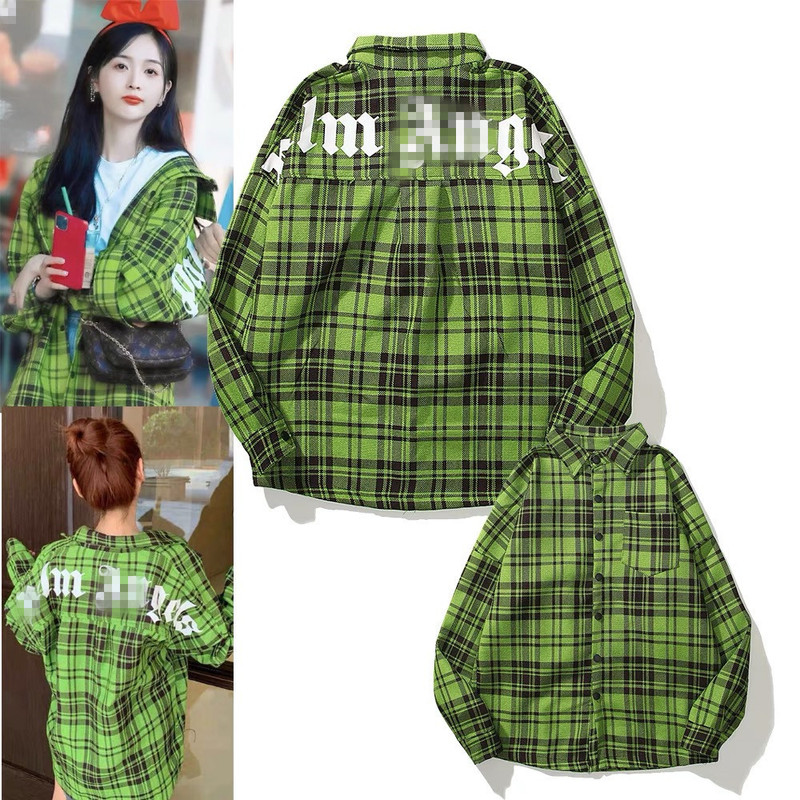 Wholesale Cross-Border Trendy Brand Palm Angel Back English Plaid Long-Sleeved Shirt Loose Shirt Jacket for Men and Women Couples
