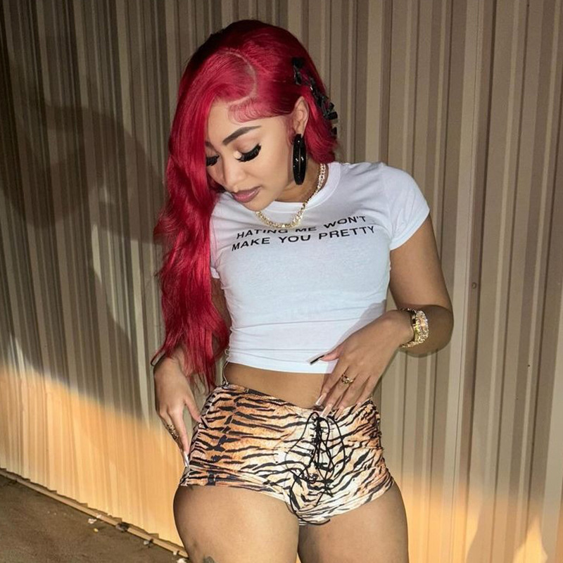 D25PT099跨境女装2025年新款性感美式辣妹虎纹印花绑绳紧身超短裤