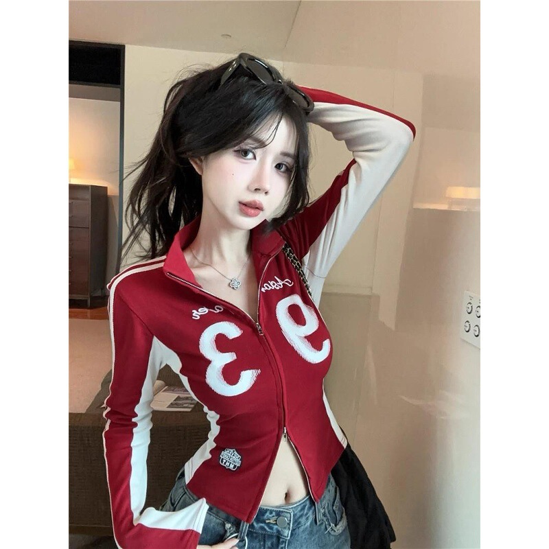 American-Style Sports Zipper Stand-Collar Long-Sleeve T-Shirt for Women, Spring Spicy Girl Short Top, Base Shirt, Unique and Stunning