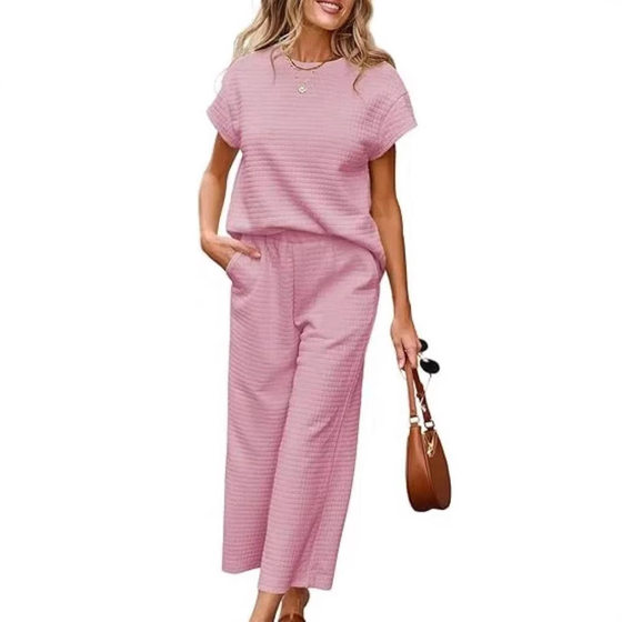 Summer New Solid Color Texture Fashion suit Women's 2025 European and American Casual All-match Short Sleeve Pants Two-piece Set for Women