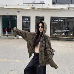 美式复古宽松休闲长袖迷彩外套秋季新款设计感连帽拉链卫衣潮