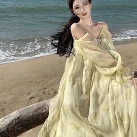现货温柔甜美风麻绳流苏新款长裙度假长袖连衣裙