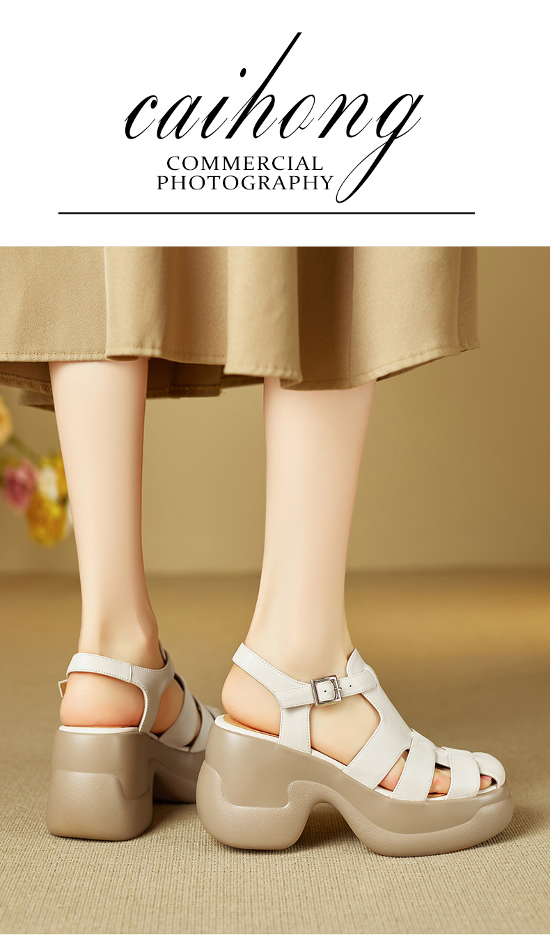 Sandal cao gót nữ mũi bao đế platform 9 cm quai chữ T kiểu La Mã — nâu sẫm chi tiết 1