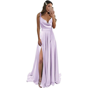 Ebay Cross Border New Women's Spaghetti Strap Satin Bridesmaid Dresses Long Split Formal Prom Gowns with Pockets