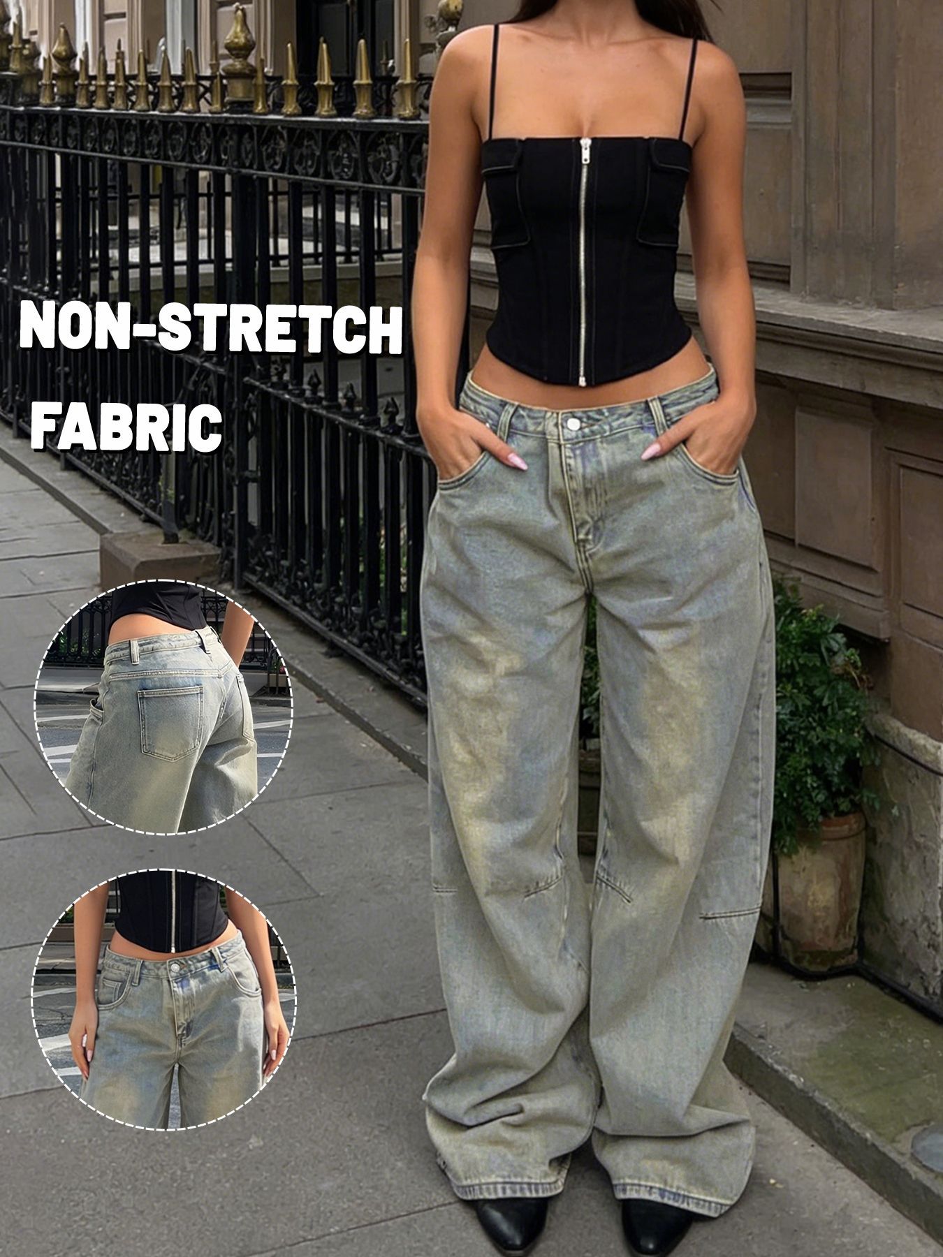 Women's Clothing Vintage Washed Wide Leg Jeans, Distressed Street Style, Loose Straight Leg Denim Jeans For Women, Commuting, Wide Leg Trousers_ecoleips.com