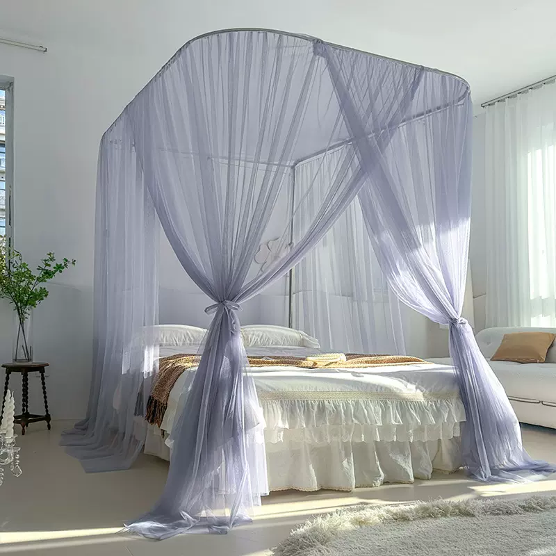 2024新款U型钓鱼竿蚊帐加厚伸缩不锈钢支架三开门落地公主风