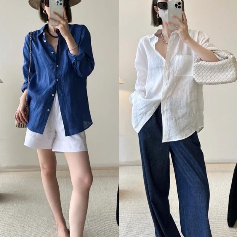 French-Style White Linen Long-Sleeved Shirt for Women, Summer Thin Loose-Fitting Old Money Style Cotton-Linen Shirt, Worn over a Sun-Protective Top