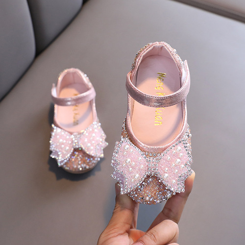 2024 spring and summer new Korean version girls princess square saliva diamond bow single shoes leather shoes performance dance shoes