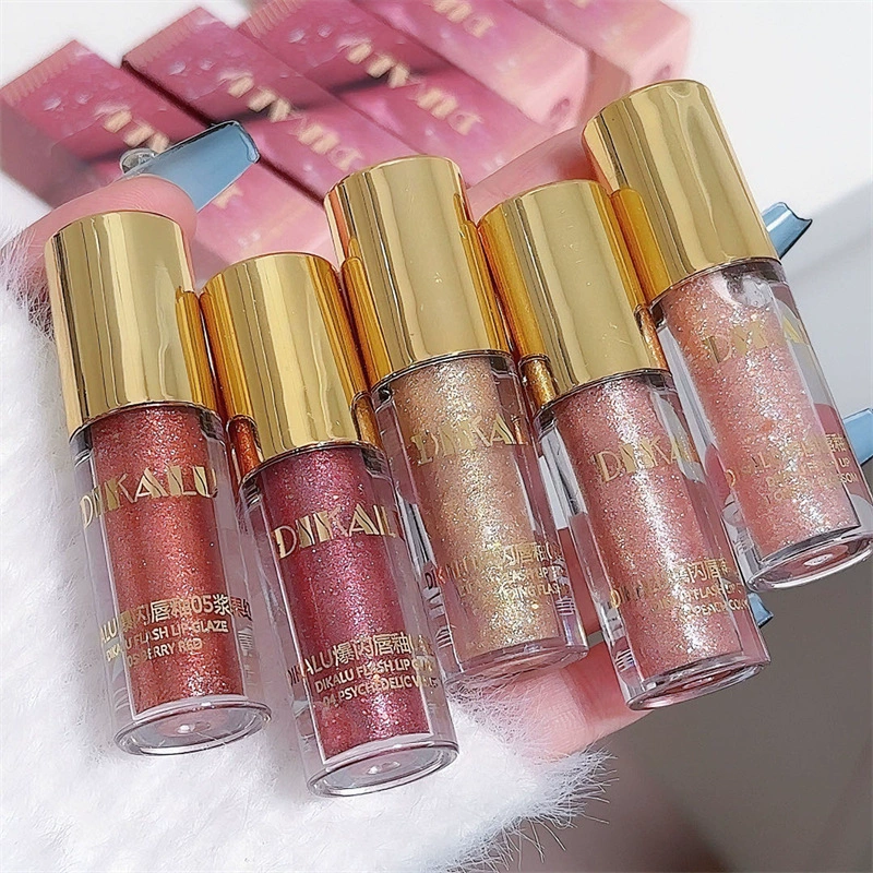 Lip gloss (DIKALU) mirror‑effect sparkle gloss, lightweight transparent tint, shades 01–05