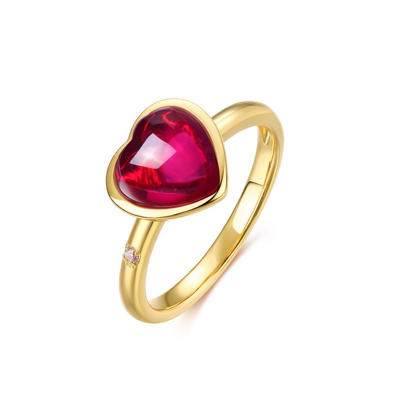 Anillo de tesoro de color de amor de caramelo transfronterizo femenino S925 plateado de 10K anillo de corindón rojo dorado simple y ligero