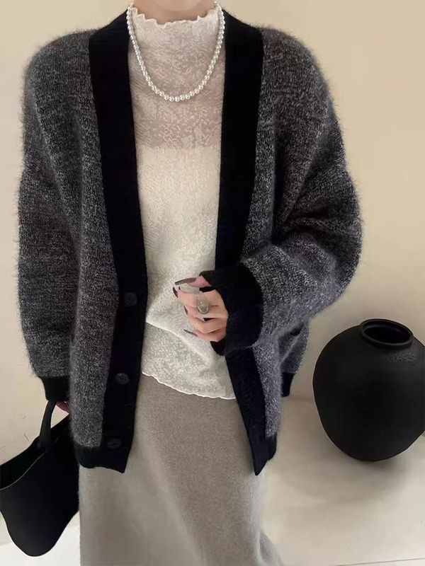 秋冬新款100%羊毛开衫女宽松v领中长款加厚百搭温柔系扣羊绒外套|undefined