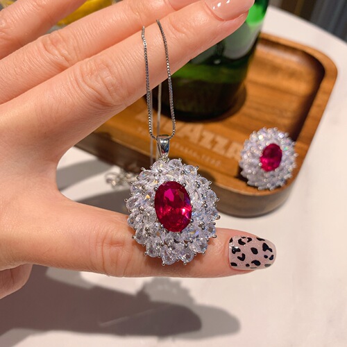 Vogue Jewels European and American Fashion Set of 3: Rose Cut simulated Blood Red Garnet Pendant Necklace, Ring 10*14mm, Earrings 6*8mm