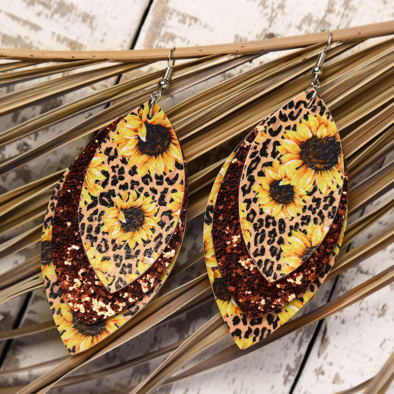 creative sunflower printing three-layer sequin leaf-shaped earrings wholesale Nihaojewelry