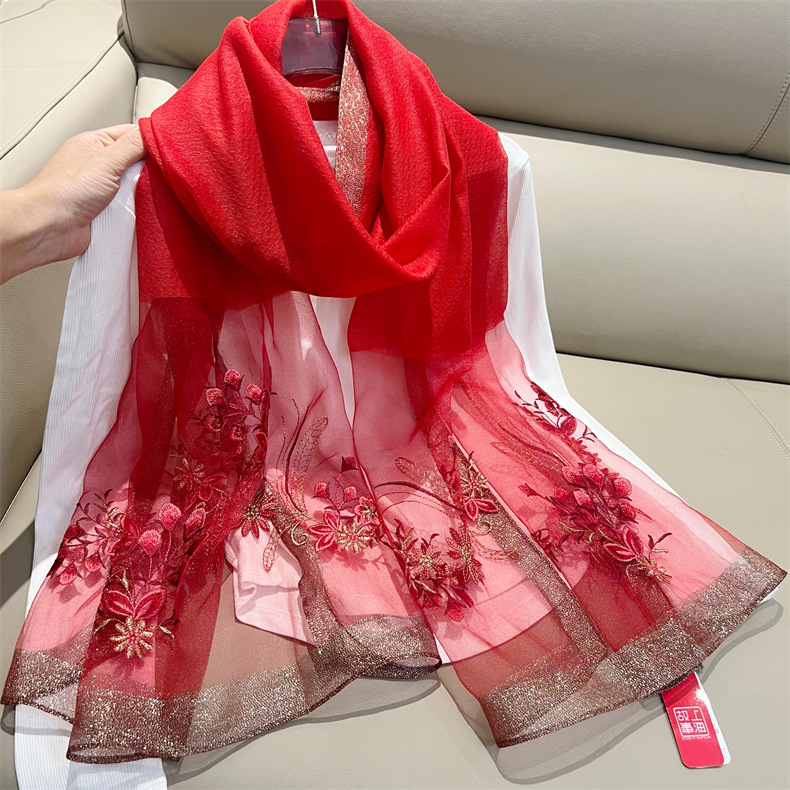 150g Weight Silk Scarf Classification Travel Occasion Polyester Material Flower Pattern Spring, Autumn Season Women's Gender Embroidery Design Elegant Style Women's Elegant Flower Polyester Embroidery Silk Scarf 4