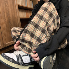 加厚毛呢料格子裤男秋冬加厚日系复古潮牌大码宽松直筒休闲长裤子