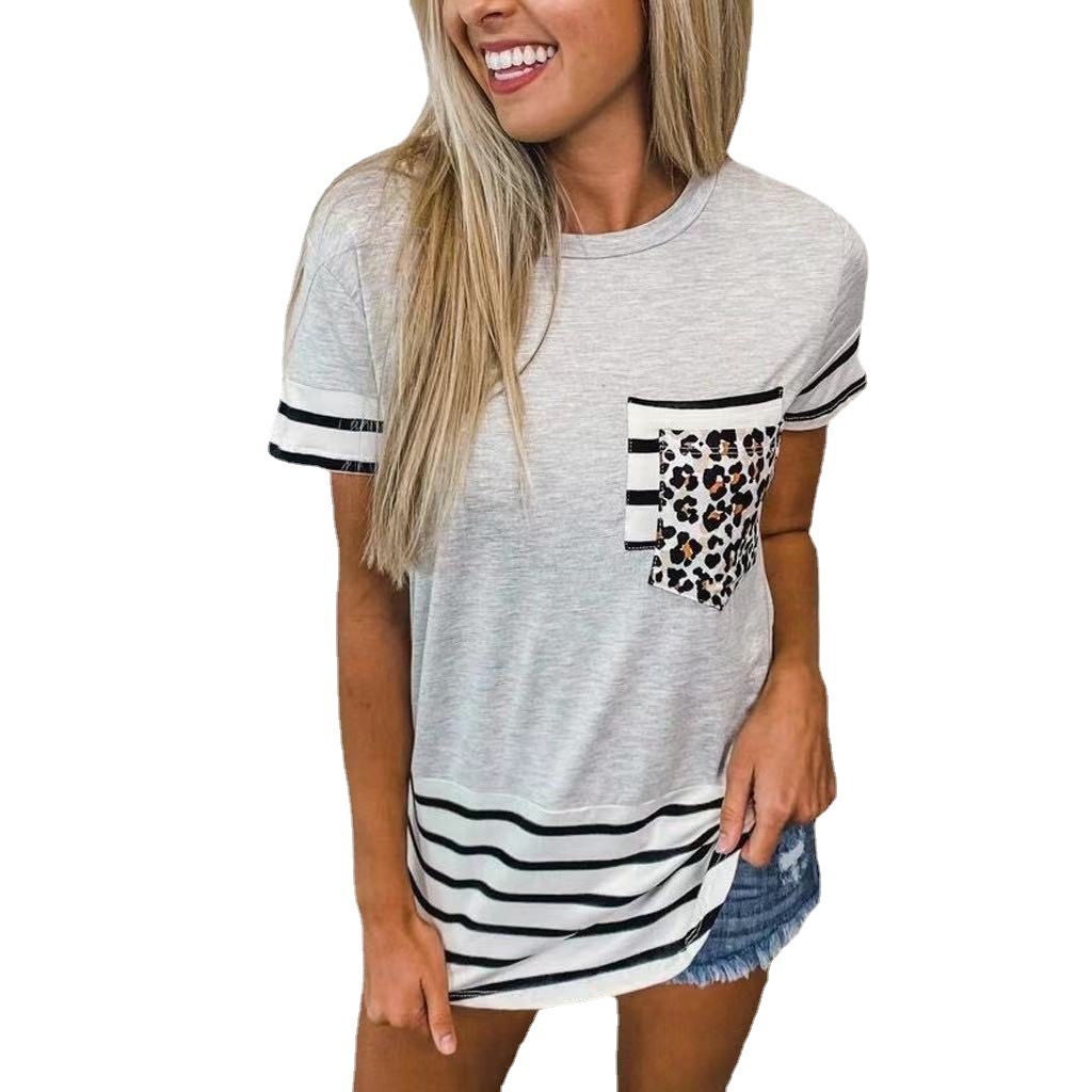 leopard print pocket round neck short sleeve T-shirt  NSLZ36974